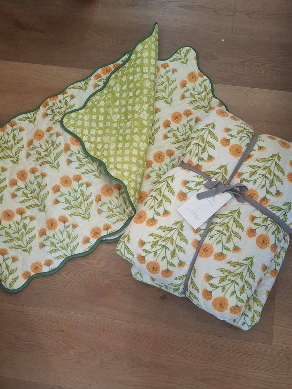Anthropologie Citrus Floral Kind Quilt Throw in Green and Orange